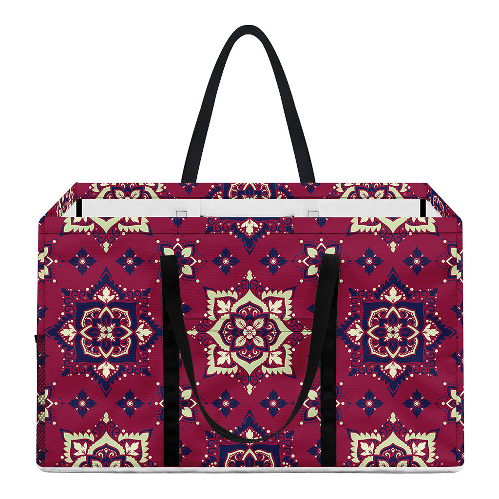 Red Boho Flower Pattern Print Utility Tote Bag
