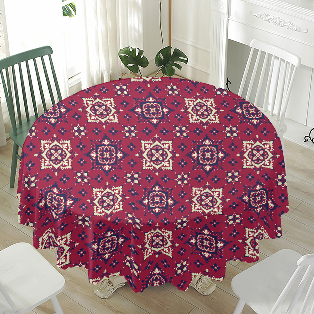 Red Boho Flower Pattern Print Waterproof Round Tablecloth