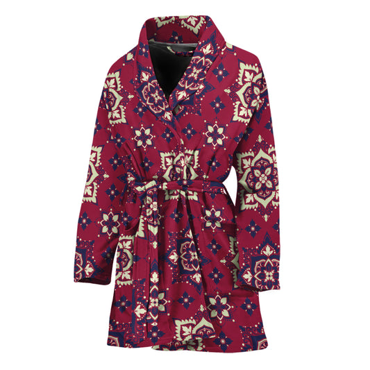 Red Boho Flower Pattern Print Women's Bathrobe