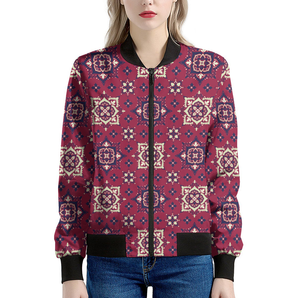 Red Boho Flower Pattern Print Women's Bomber Jacket