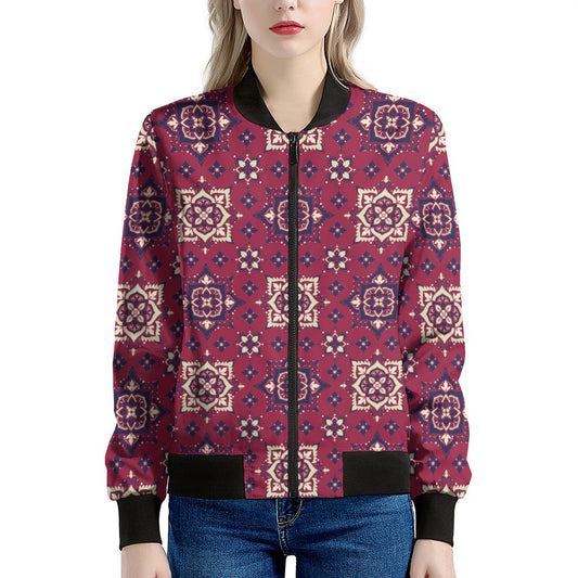Red Boho Flower Pattern Print Women's Bomber Jacket