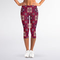 Red Boho Flower Pattern Print Women's Capri Leggings