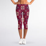 Red Boho Flower Pattern Print Women's Capri Leggings