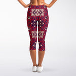 Red Boho Flower Pattern Print Women's Capri Leggings