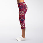 Red Boho Flower Pattern Print Women's Capri Leggings
