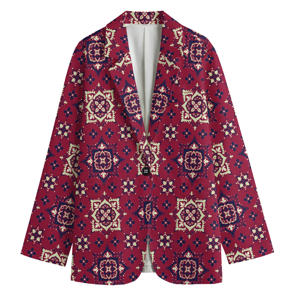 Red Boho Flower Pattern Print Women's Cotton Blazer