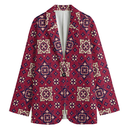 Red Boho Flower Pattern Print Women's Cotton Blazer