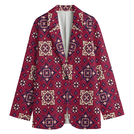 Red Boho Flower Pattern Print Women's Cotton Blazer