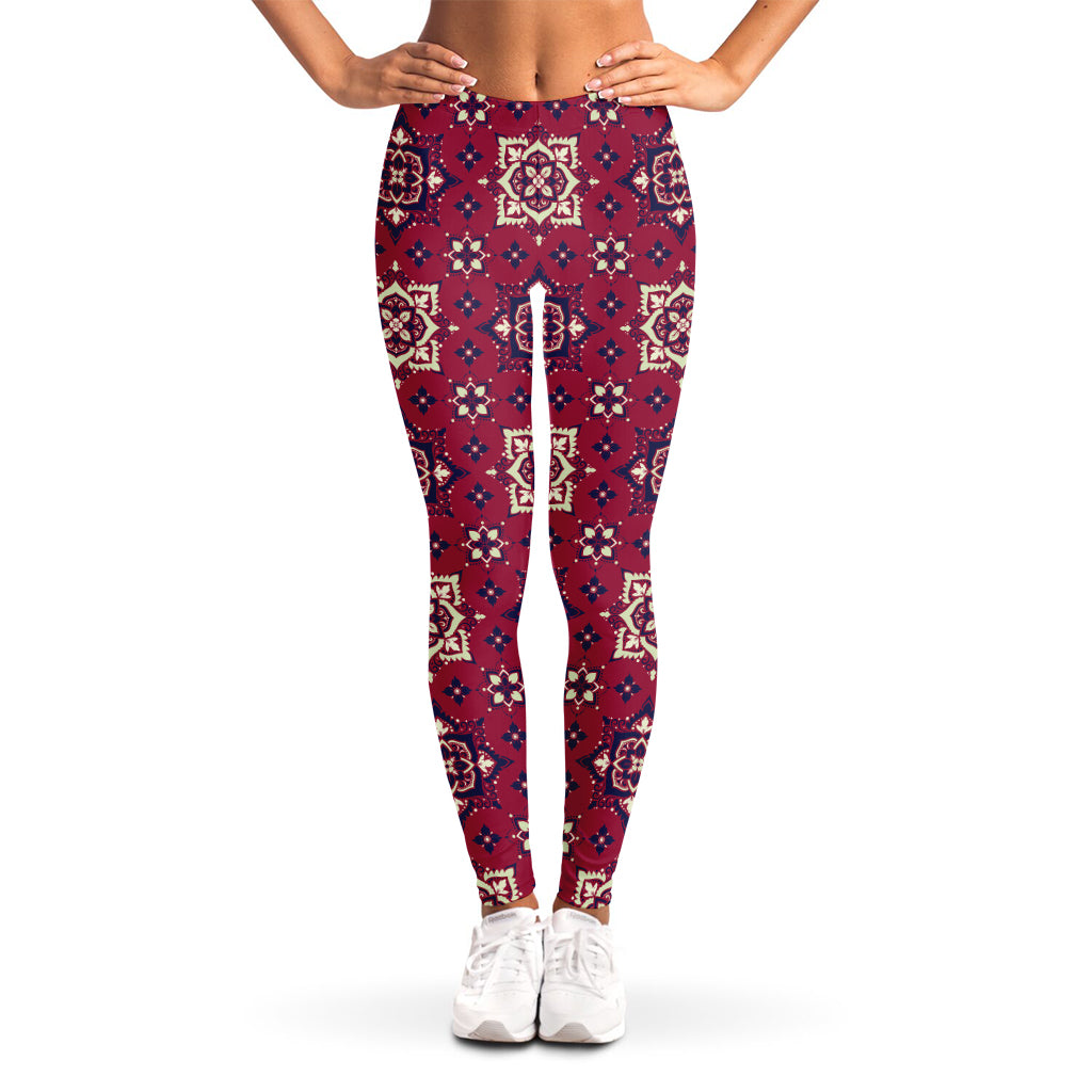 Red Boho Flower Pattern Print Women's Leggings