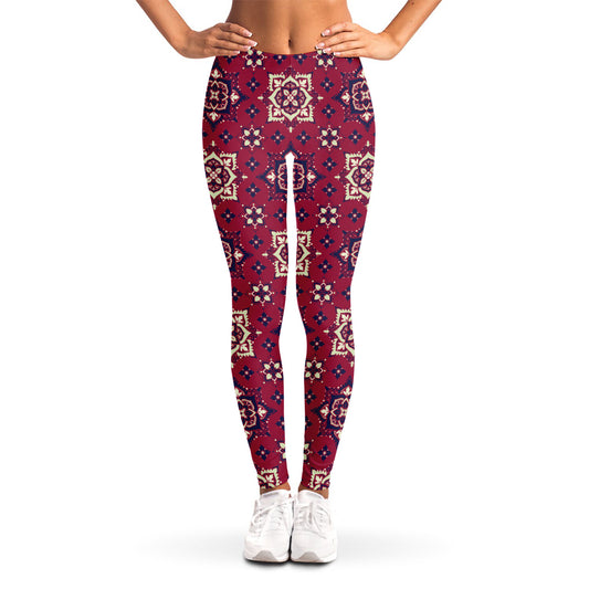 Red Boho Flower Pattern Print Women's Leggings
