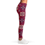 Red Boho Flower Pattern Print Women's Leggings