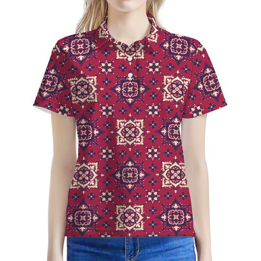 Red Boho Flower Pattern Print Women's Polo Shirt
