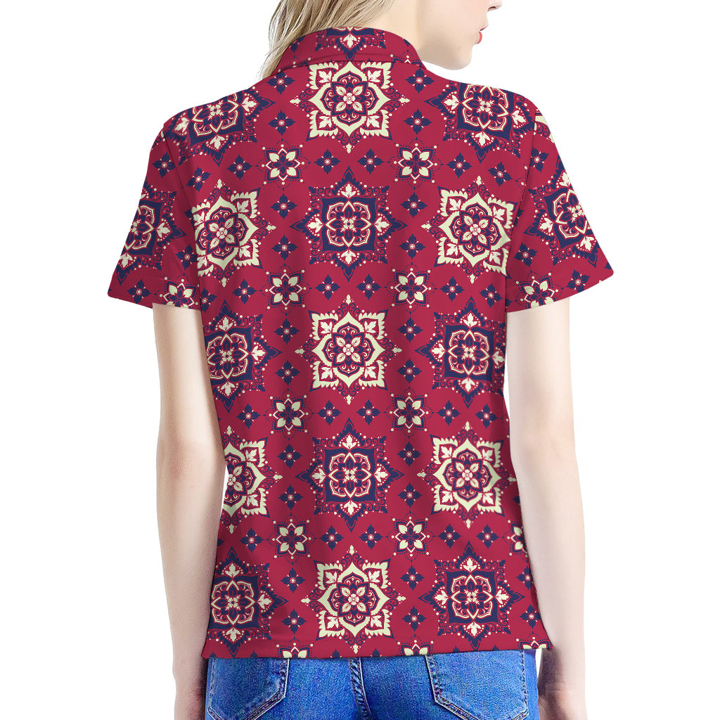 Red Boho Flower Pattern Print Women's Polo Shirt