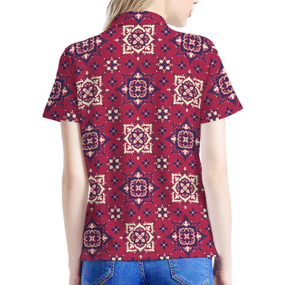 Red Boho Flower Pattern Print Women's Polo Shirt