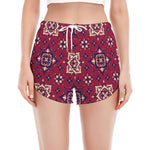 Red Boho Flower Pattern Print Women's Split Running Shorts