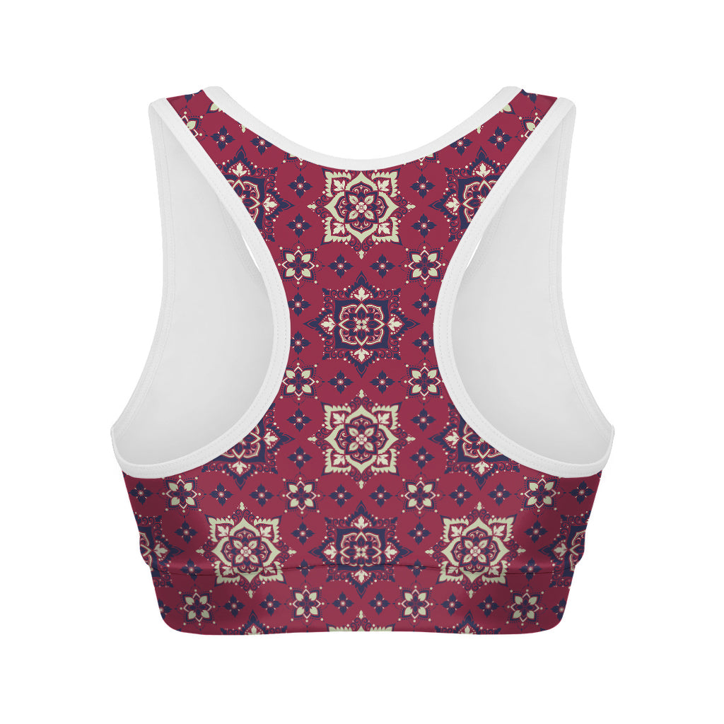 Red Boho Flower Pattern Print Women's Sports Bra