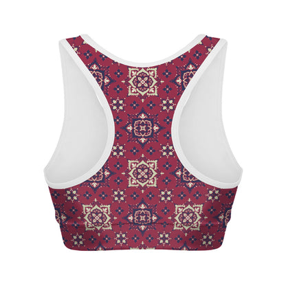 Red Boho Flower Pattern Print Women's Sports Bra