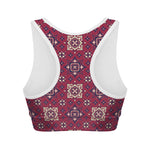 Red Boho Flower Pattern Print Women's Sports Bra