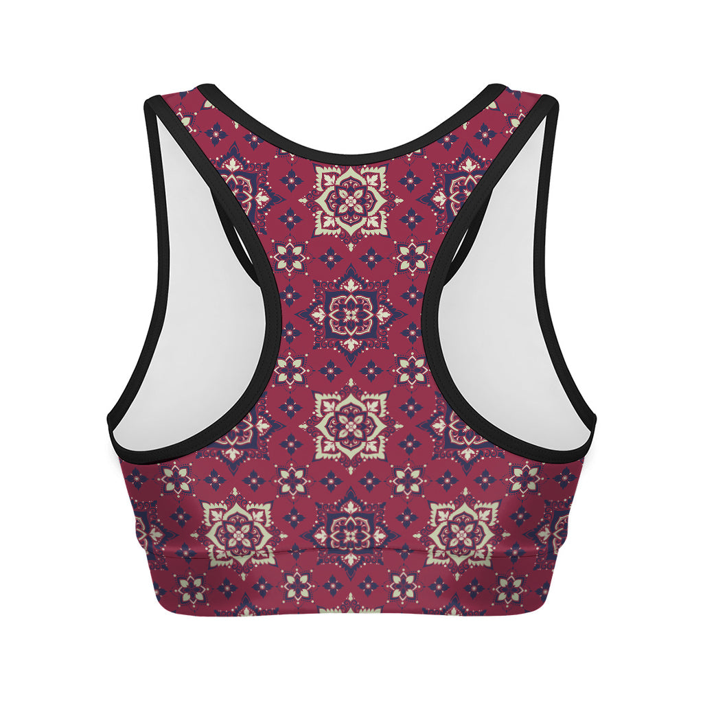 Red Boho Flower Pattern Print Women's Sports Bra