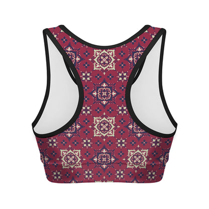 Red Boho Flower Pattern Print Women's Sports Bra