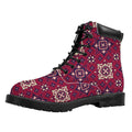 Red Boho Flower Pattern Print Padded Collar Lace Up Boots