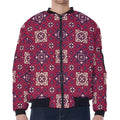 Red Boho Flower Pattern Print Zip Sleeve Bomber Jacket