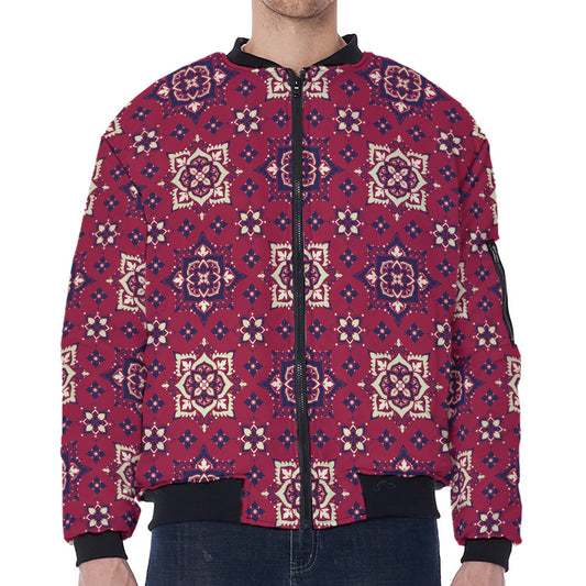 Red Boho Flower Pattern Print Zip Sleeve Bomber Jacket
