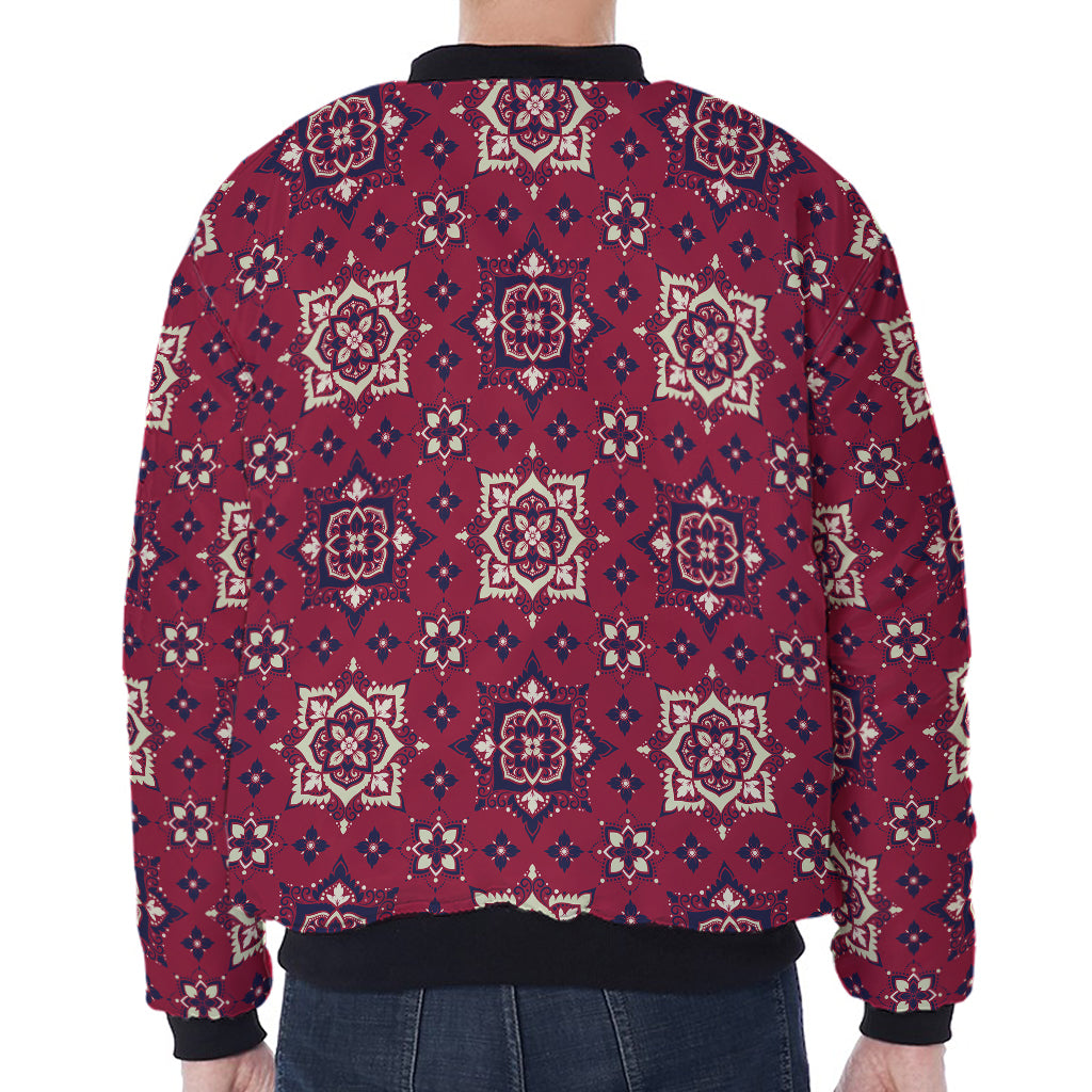 Red Boho Flower Pattern Print Zip Sleeve Bomber Jacket