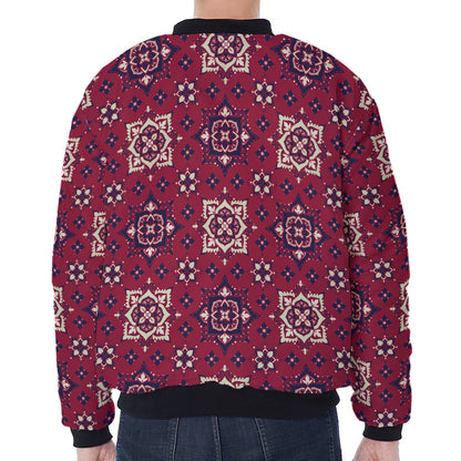 Red Boho Flower Pattern Print Zip Sleeve Bomber Jacket