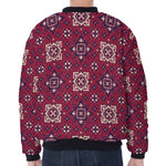 Red Boho Flower Pattern Print Zip Sleeve Bomber Jacket