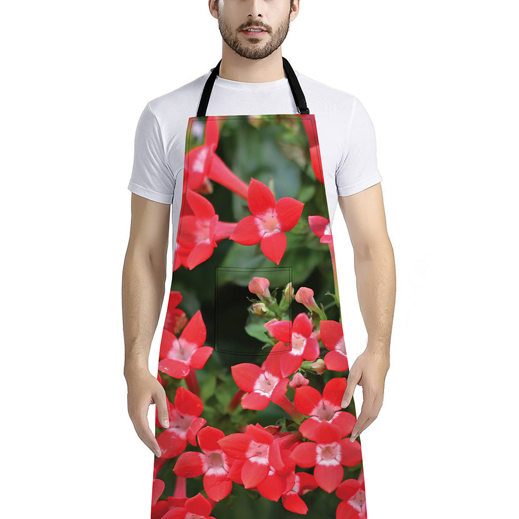 Red Bouvardia Print Bib Apron With Pocket