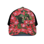 Red Bouvardia Print Black Mesh Trucker Cap
