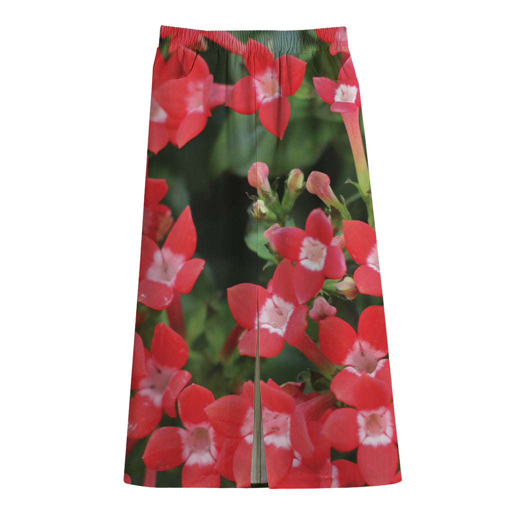 Red Bouvardia Print Cotton Front Slit Maxi Skirt