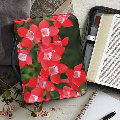Red Bouvardia Print Leather Bible Cover