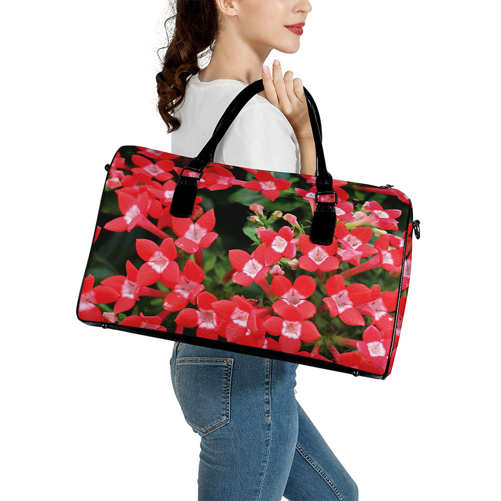 Red Bouvardia Print Leather Duffle Bag