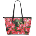 Red Bouvardia Print Leather Tote Bag With Zipper