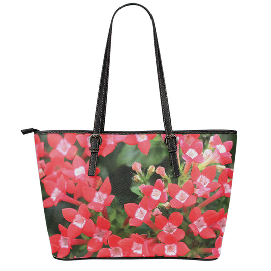 Red Bouvardia Print Leather Tote Bag