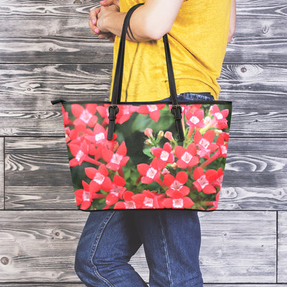 Red Bouvardia Print Leather Tote Bag