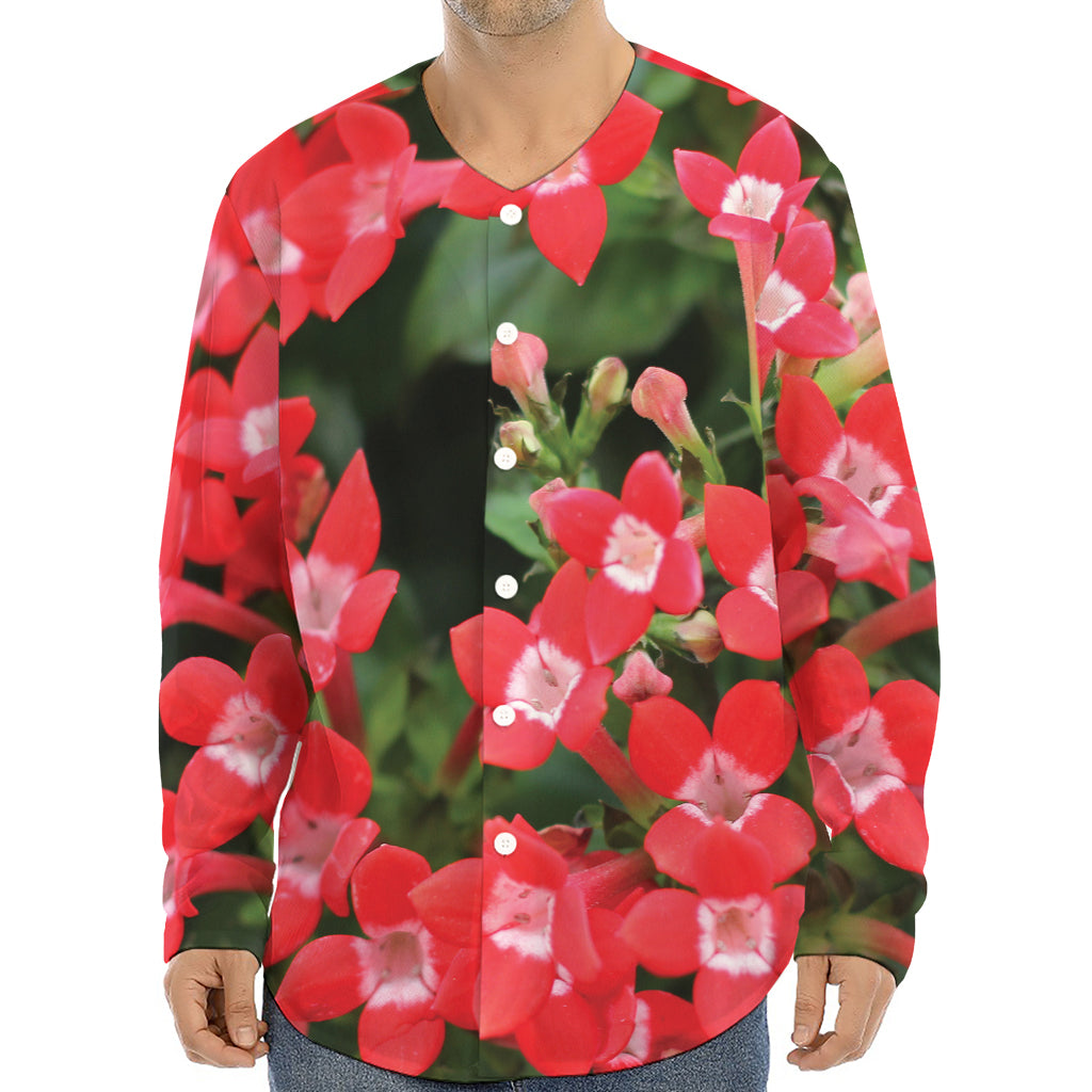 Red Bouvardia Print Long Sleeve Baseball Jersey