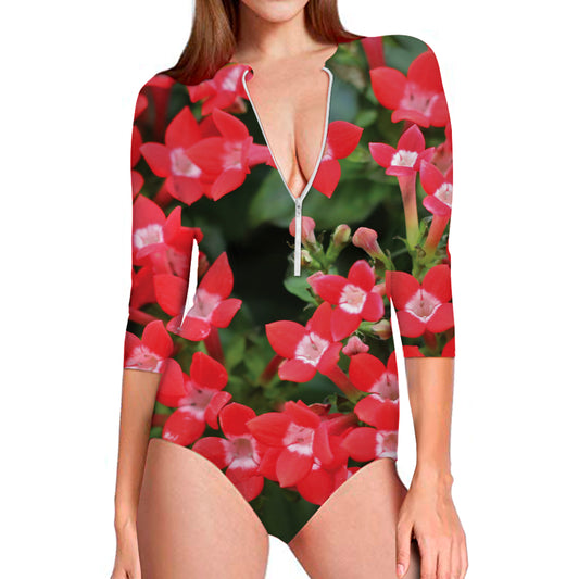 Red Bouvardia Print Long Sleeve Swimsuit