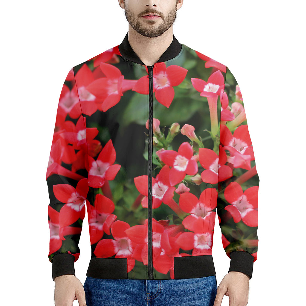 Red Bouvardia Print Men's Bomber Jacket