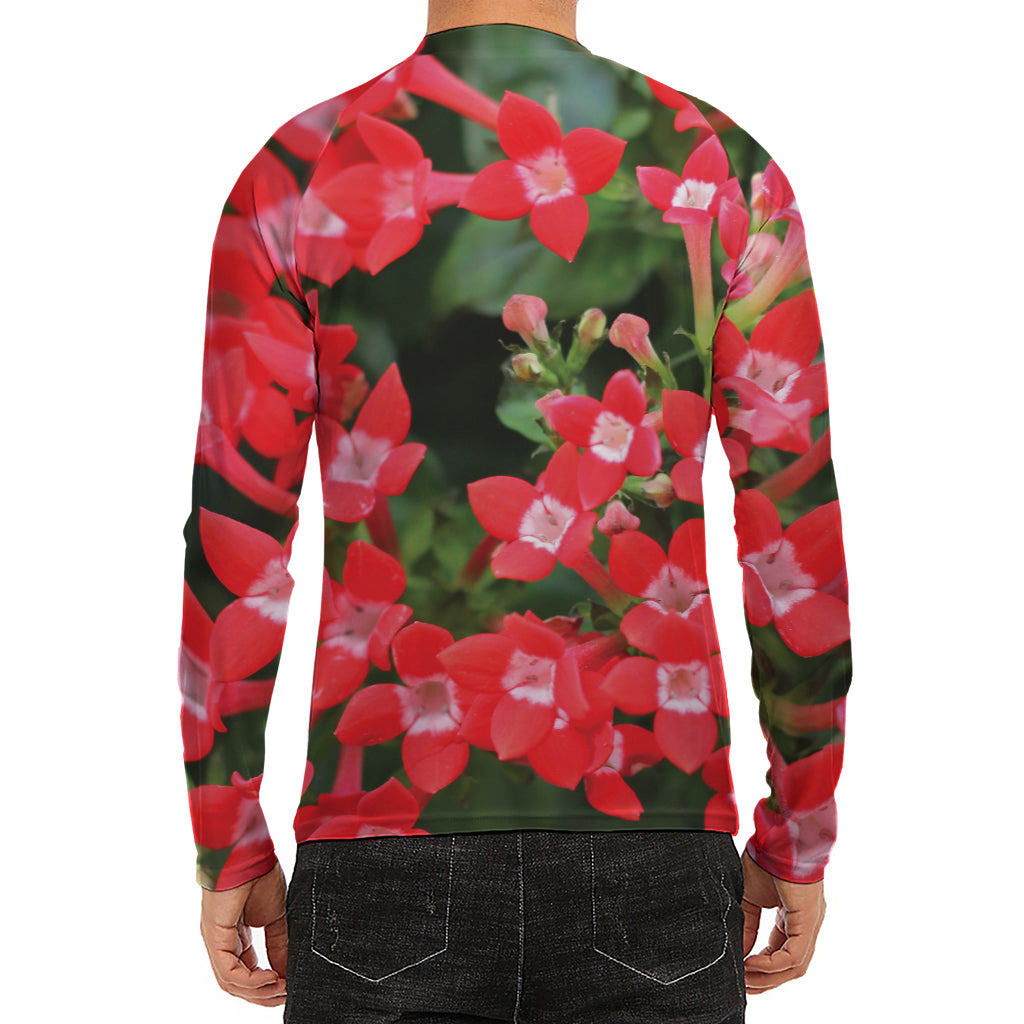 Red Bouvardia Print Men's Long Sleeve Rash Guard