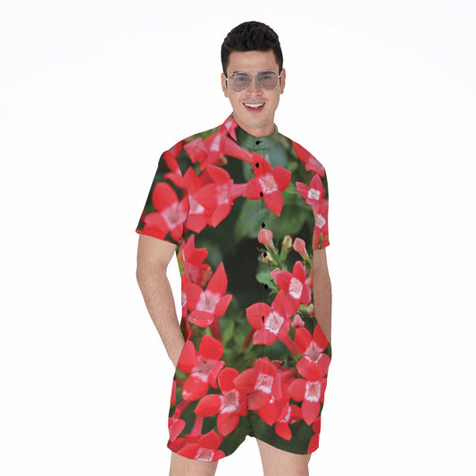 Red Bouvardia Print Men's Rompers