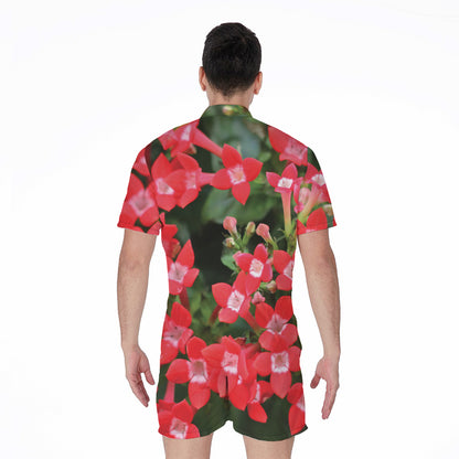 Red Bouvardia Print Men's Rompers