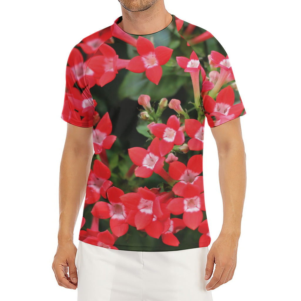 Red Bouvardia Print Men's Short Sleeve Rash Guard