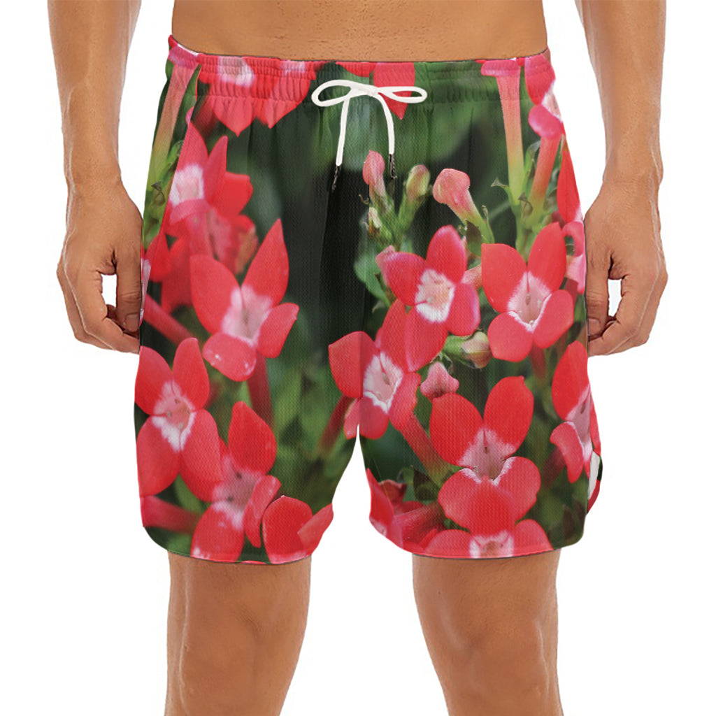 Red Bouvardia Print Men's Split Running Shorts