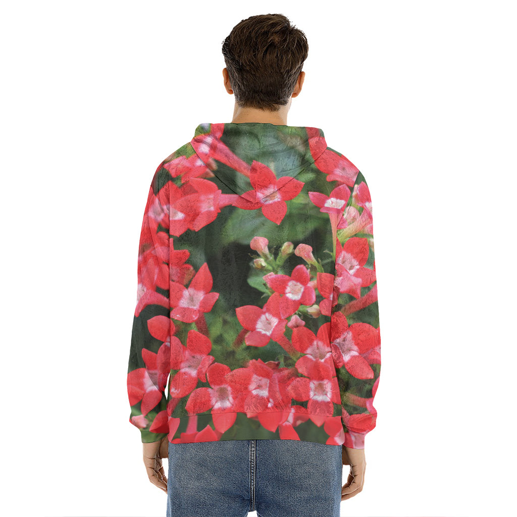 Red Bouvardia Print Men's Velvet Pullover Hoodie