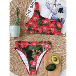 Red Bouvardia Print One Shoulder Bikini Top