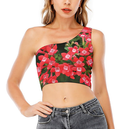 Red Bouvardia Print One Shoulder Crop Top