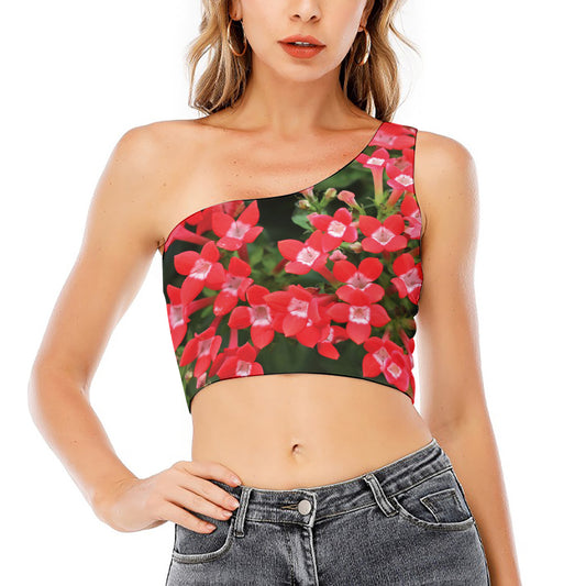 Red Bouvardia Print One Shoulder Crop Top